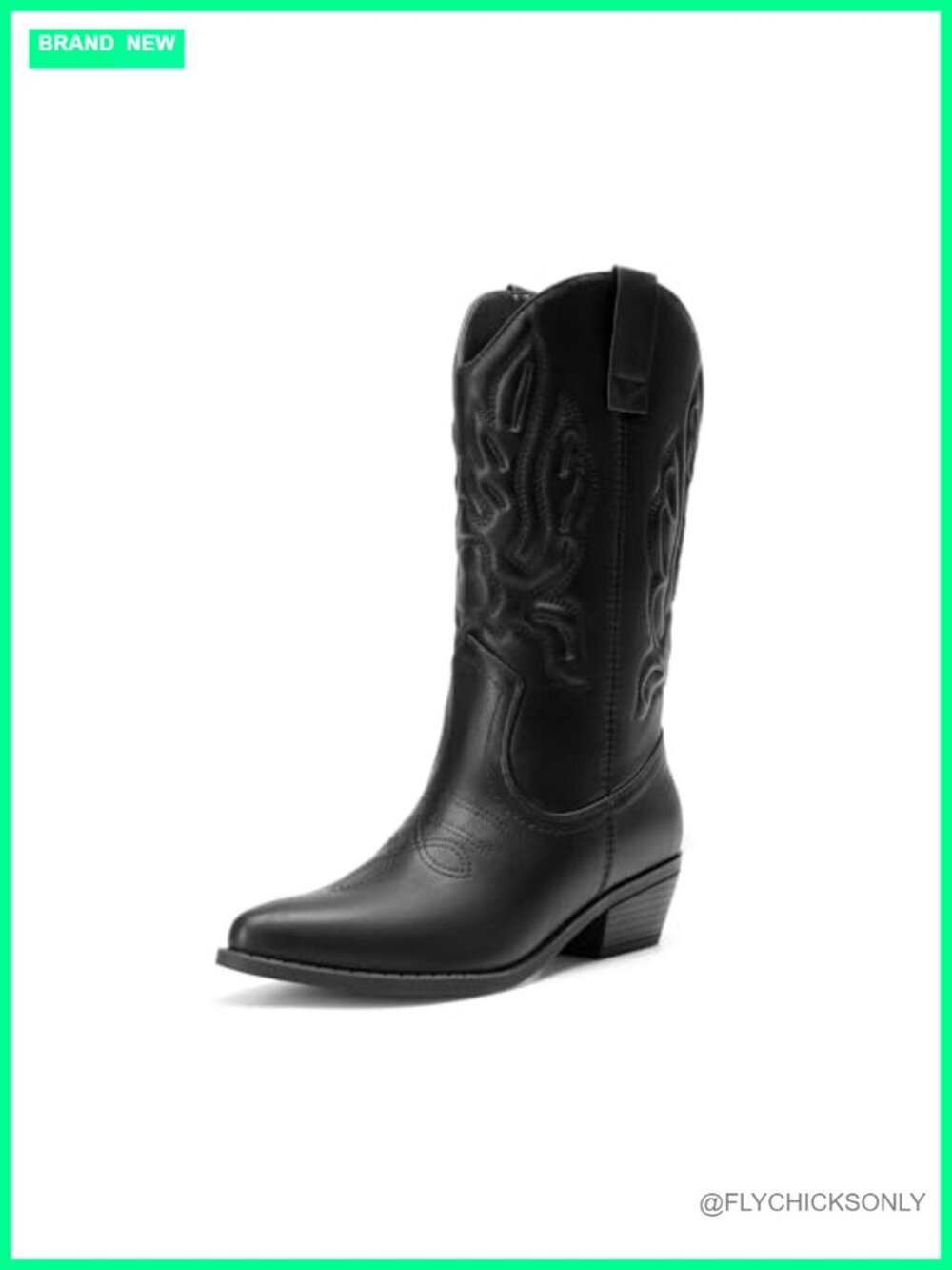 Faux Leather Cowgirl Boots Embroidered Mid Calf Pull On Western Boots